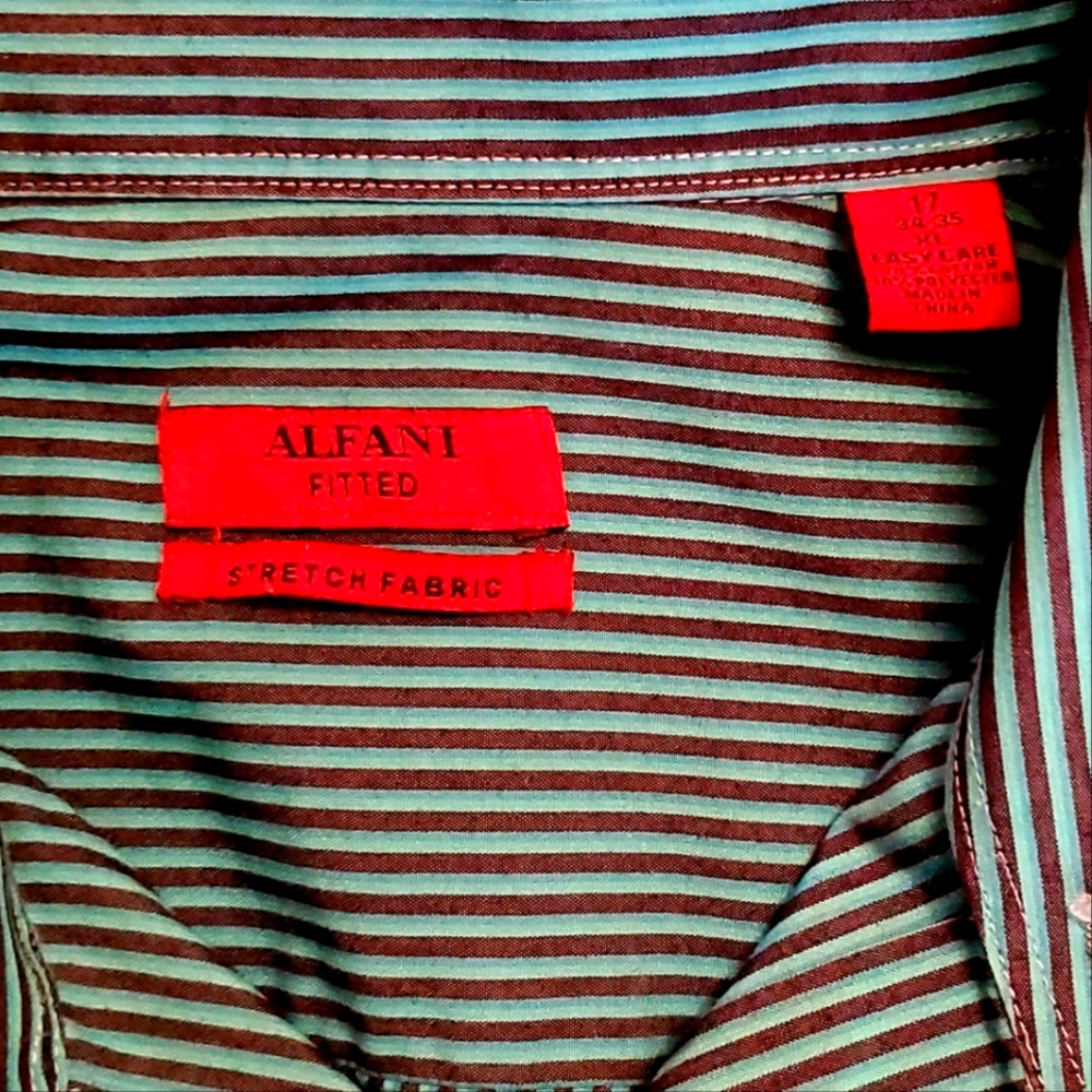 Alfani New Men's Teal and Burgundy Striped Shirt - Picture 2 of 5